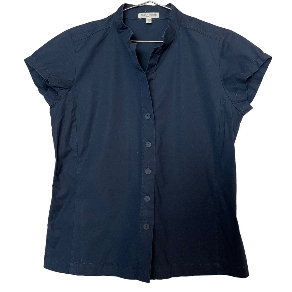 Eileen Fisher Navy Blue Short Sleeve Button Front Blouse